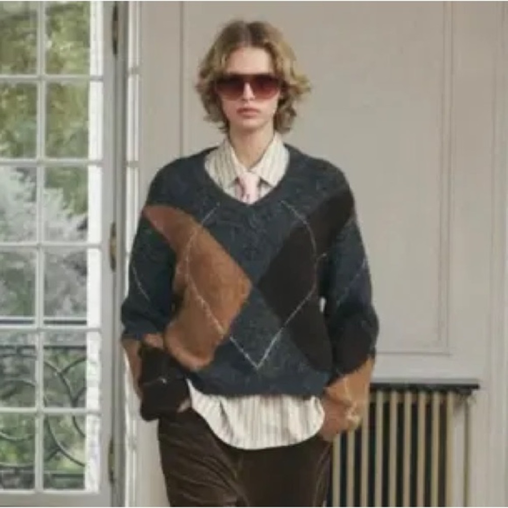 Zara V-neck Knit Argyle Sweater with Wool S NWT